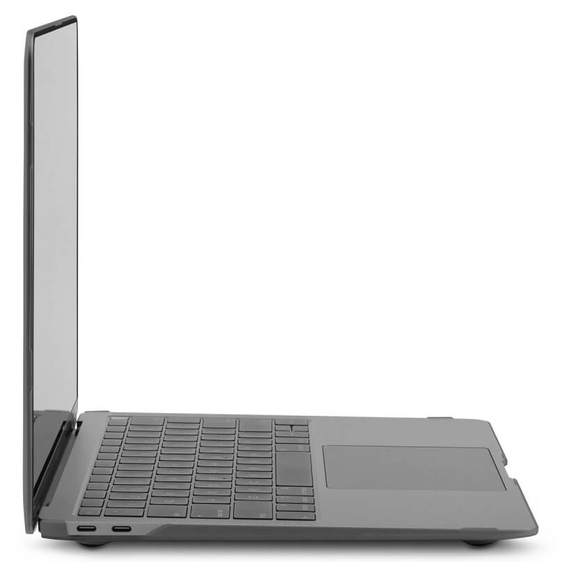 Moshi Iglaze For Macbook Air 13 (Thunderbolt 3/Usb-C) Slim gray laptop with black keyboard and large touchpad, side view.