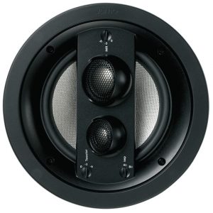 Jamo round in-ceiling speaker with a vertical black panel housing dual tweeters and a large woofer behind.