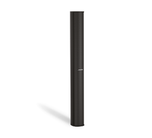 Tall black cylindrical speaker with a perforated grille and slim vertical form.