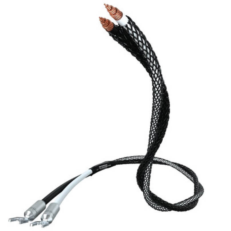 Inakustik Reference Ls-104 Micro Air Terminated Braided black two-conductor audio cable with exposed copper ends and dual silver plug connectors.