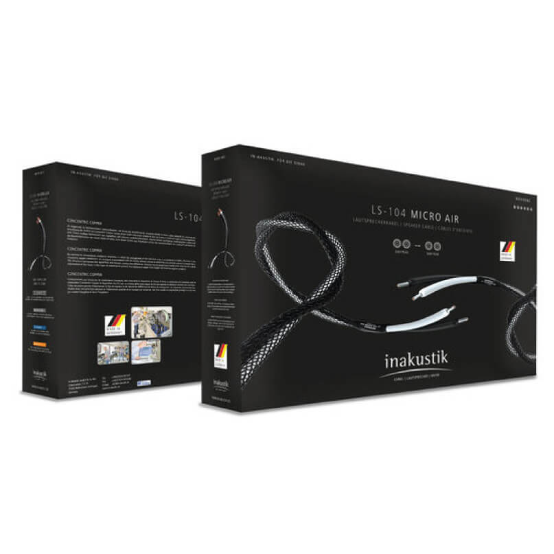 Inakustik Reference Ls-104 Micro Air Terminated Inakustik ls-104 micro air audio cable packaging featuring a braided black-and-white cable