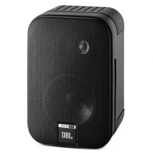 JBL Control One black bookshelf speaker with front metal mesh grille, circular woofer visible behind grille, JBL logo at bottom