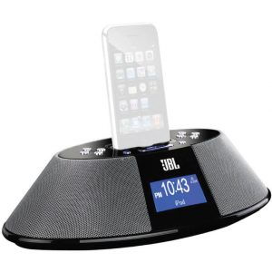 JBL iPod docking speaker with vertical iPhone dock and blue clock display.