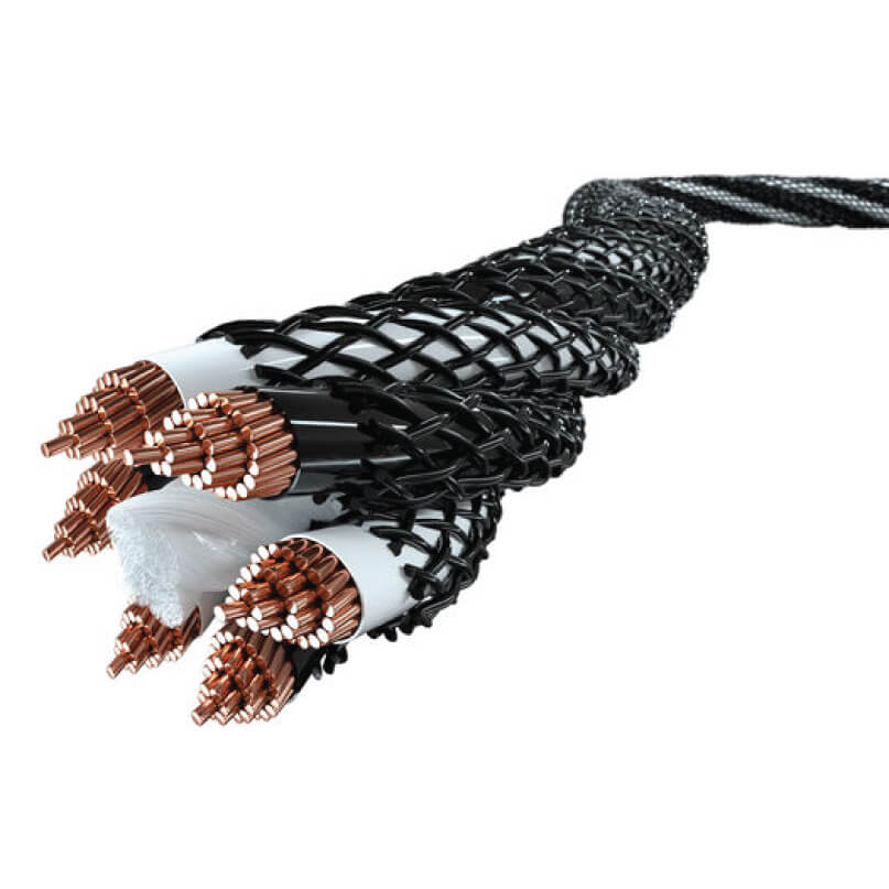 Inakustik Reference Ls-204 Xl Micro Air Terminated Thick braided black multi-conductor cable with four copper stranded cores exposed at the ends.
