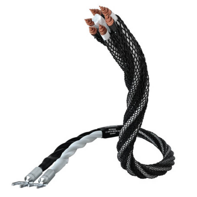 Inakustik Reference Ls-204 Xl Micro Air Terminated High-end speaker cable with braided black outer sheath and silver banana connectors at each end.