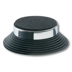 Round chrome-edged pad with black foam top on a ribbed black rubber base