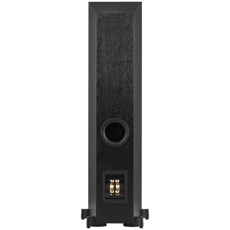 Jbl Studio 570 Floor Standing Speaker Tall black floorstanding speaker with wood veneer finish, rear binding posts, and circular bass reflex port.