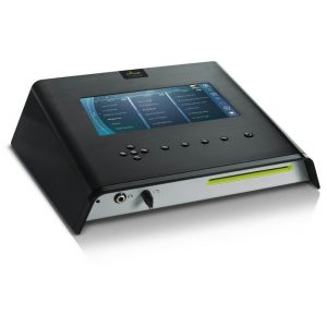 Black electronic touchscreen device with blue user interface, row of control buttons, and lime-green front slot.