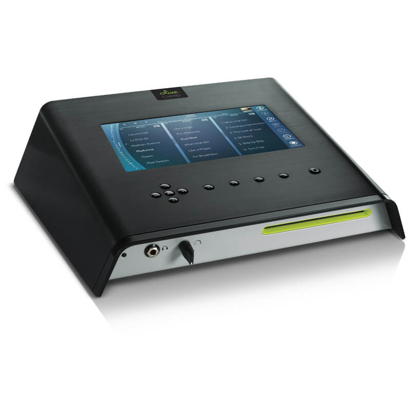 Jbl Studio 570 Floor Standing Speaker Black electronic touchscreen device with blue user interface, row of control buttons, and lime-green front slot.