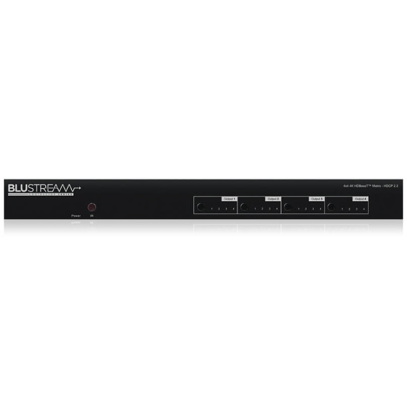 Blustream C44-Kit Contractor 4X4 Hdbaset Matrix Kit Blustream hdmi matrix switch with four outputs and front-panel power and ir indicators.