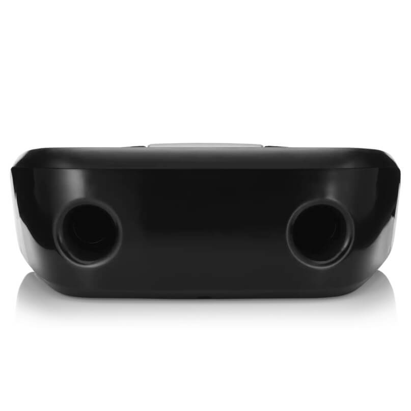 Jbl On Beat Awake Ipod, Iphone,Ipad Speaker System Black glossy portable speaker with dual circular front bass ports and rounded edges.