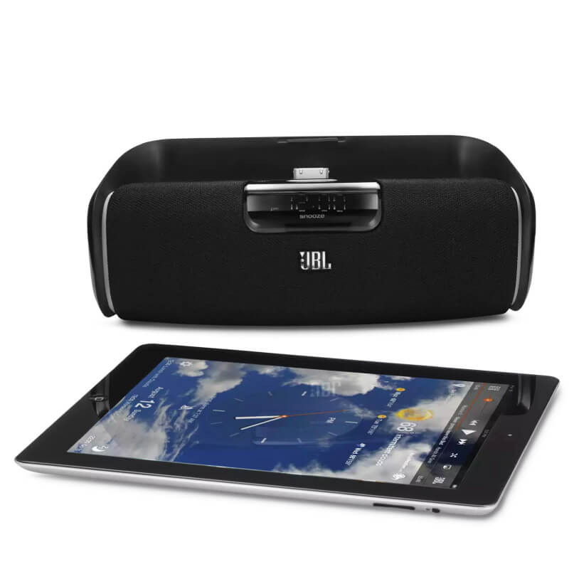 Jbl On Beat Awake Ipod, Iphone,Ipad Speaker System Jbl sounddock ipod/iphone docking speaker with top cradle, black fabric grille, and chrome ends.
