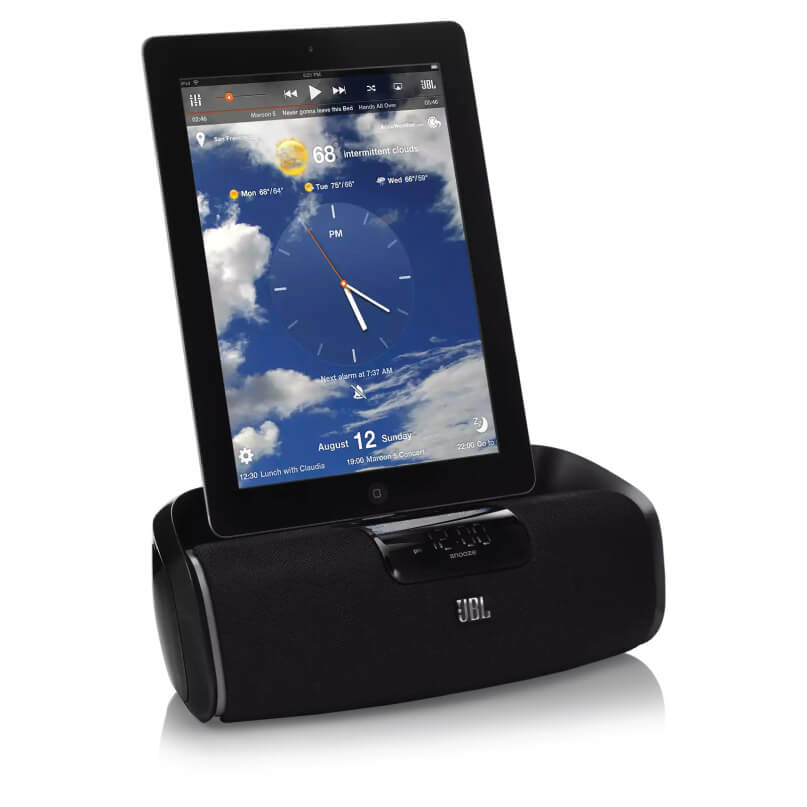Jbl On Beat Awake Ipod, Iphone,Ipad Speaker System Jbl tablet docking speaker system in black with tablet resting on an angled cradle.