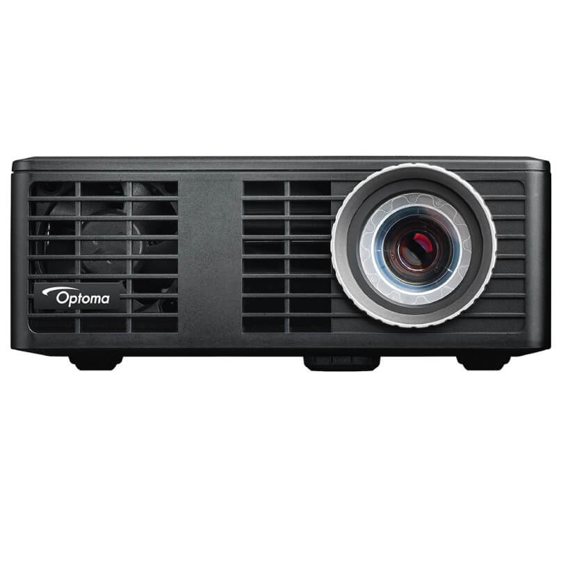 Optoma Ml750 Led Projection Home Theatre Projector Optoma projector with large circular lens on the right, black rectangular body and front vent grille.