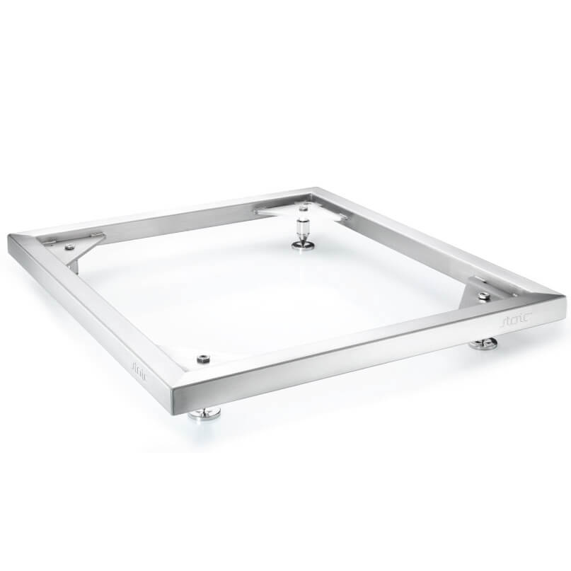 Inakustik 269018 Stoic Equipment Isolation Floor Plinth Square stainless steel frame with four adjustable feet and a central threaded post, likely a mounting base.