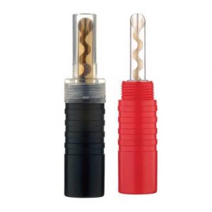 Pair of banana plug connectors, black and red insulated handles, transparent tips with spiral gold-plated metal contacts.
