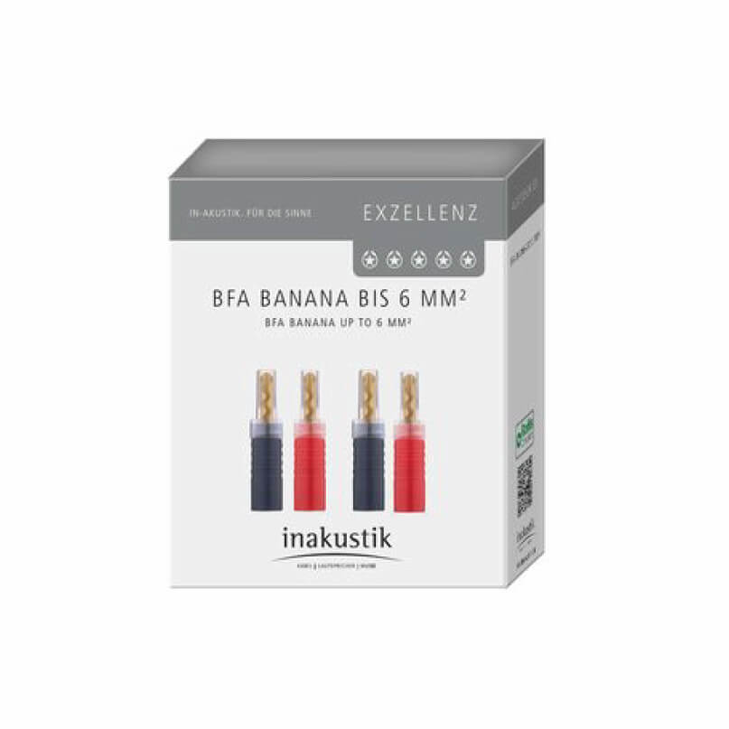 Inakustik Plastic Barrel Excellence Bfa Banana Plug (Set Of 4) Inakustik bfa banana plugs for speaker cables up to 6 mm² with gold-plated pins in blue, black, and red housings
