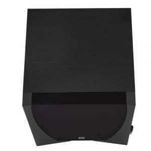 Black hi-fi speaker with curved front grille and wood veneer top panel