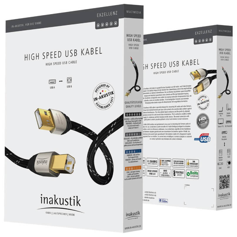 Inakustik 670001 Excellence 1.0M High Speed Usb 2.0 Inakustik high speed usb cable packaging with gold-plated connectors and braided black cable