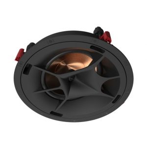 Round car audio woofer with copper coil and black frame, red binding posts.