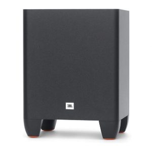 JBL subwoofer cabinet in black with orange-tipped feet.