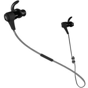 JBL wireless in-ear earphones with neck cable and ear hooks.