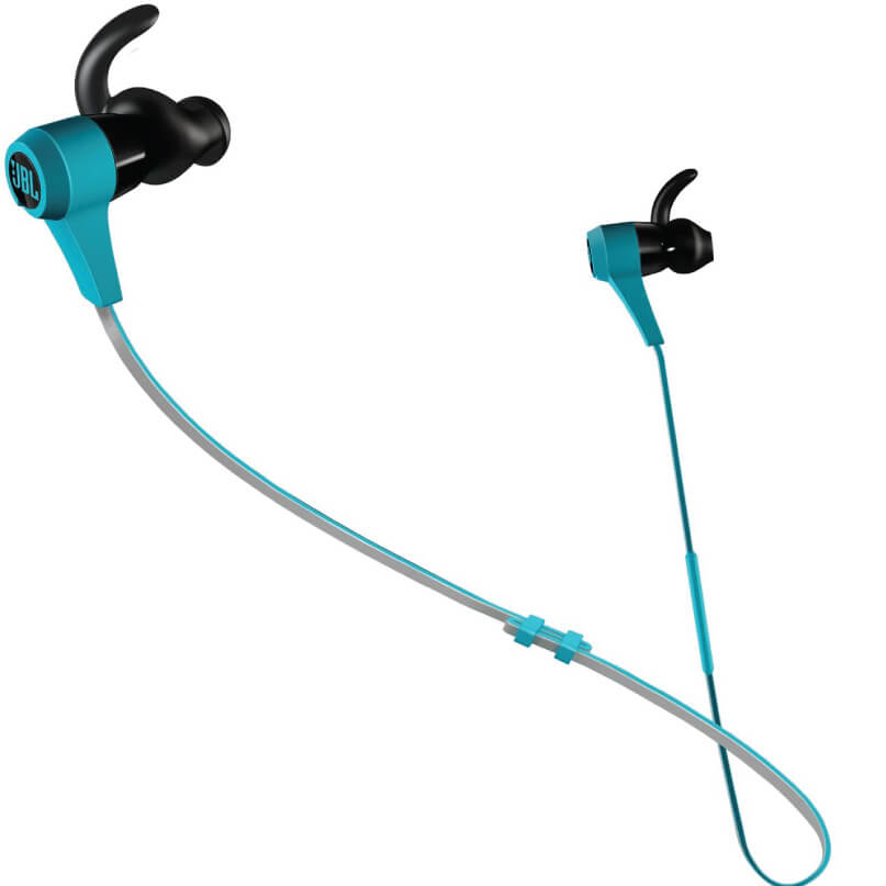 Jbl Synchros Reflect Bt In-Ear And Earbud Headphones Jbl turquoise wireless in-ear sports headphones with ear hooks and a flat cable.