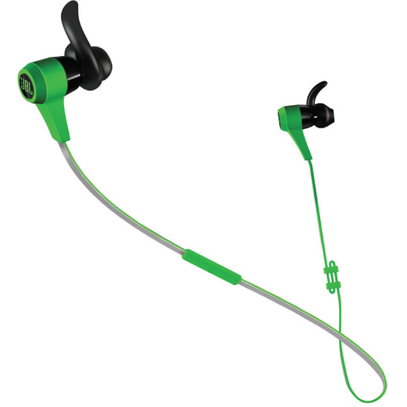 Jbl Synchros Reflect Bt In-Ear And Earbud Headphones Jbl green and black in-ear headphones with ear hooks and a green connecting cable.