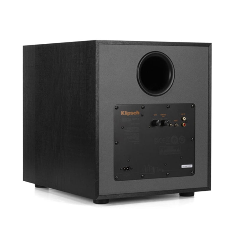 Klipsch R-100Sw Subwoofer Klipsch powered subwoofer with black cabinet, circular front port, and rear control panel.