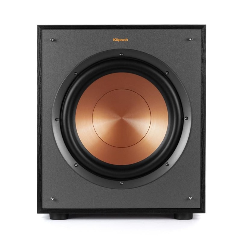 Klipsch R-100Sw Subwoofer Klipsch subwoofer with copper colored woofer in a black cabinet