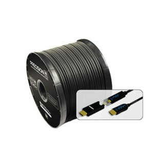 Coiled black HDMI cable on a spool with inset showing gold-plated HDMI connectors.