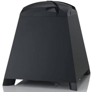 Dark gray trapezoidal trash can with a rounded hinged lid and short feet