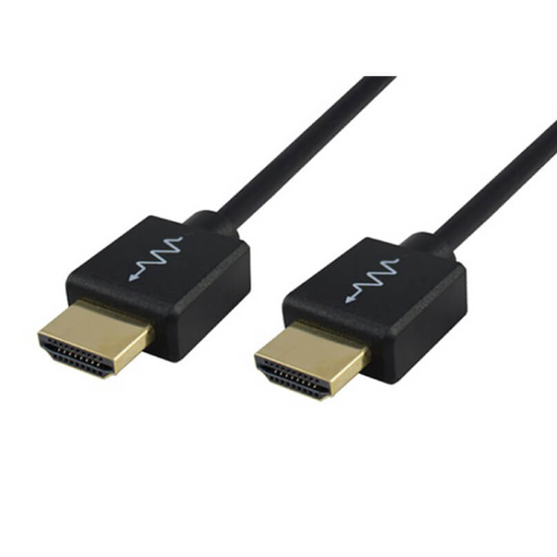 Blustream Hdmim Micro Form Hdmi Cable-1M Pair of hdmi male connectors with gold-plated tips on black cables.