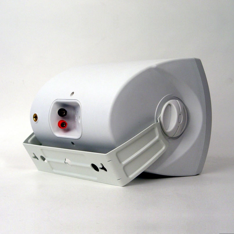 Klipsch Aw-500 Outdoor Speaker White laboratory power supply with red and black banana terminals and a circular knob, mounted on a metal bracket.