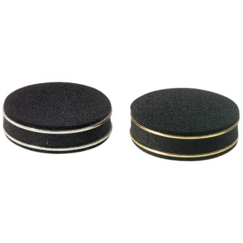 Inakustik Premium Doublette Rubber Damping Shock Absorber- Set Of 4 Two round black foam pads with metal rims, one silver and one gold.