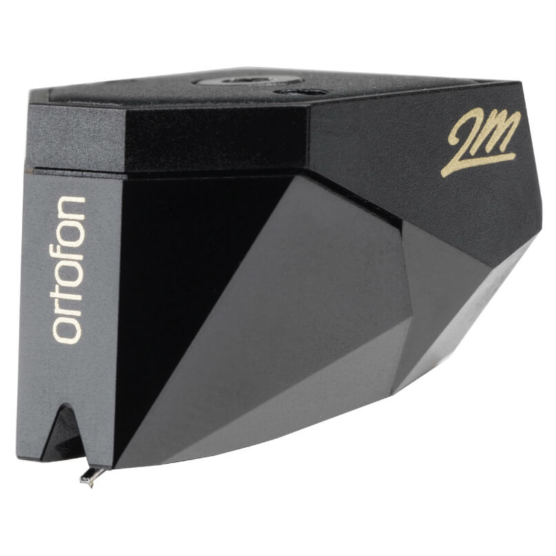 Ortofon 2M Black Moving Magnet Cartridge Ortofon 2m phono cartridge, black angular housing with gold 2m logo and vertical ortofon branding.