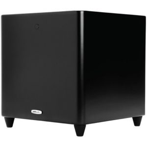 Polk Audio subwoofer, black rectangular enclosure with rounded edges, four feet, and a small front badge.