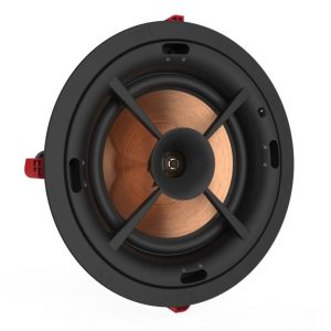 Round in-ceiling speaker with copper cone, black housing, and red mounting clamps.