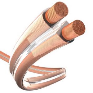 Curved pair of flexible copper cables with orange-brown insulation and exposed multi-strand cores.