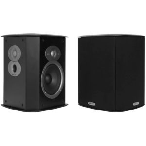 Pair of black bookshelf speakers, left with exposed drivers and large woofer, right with fabric grille.