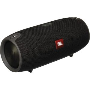 JBL cylindrical portable Bluetooth speaker with black fabric mesh and top control buttons.