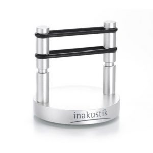 Inakustik round metal base with two silver posts connected by black rails.