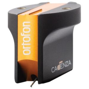 Ortofon Cadenza phono cartridge with orange metal top and black housing.