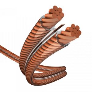 Cutaway view of flexible multi-strand copper electrical cable with orange insulation.