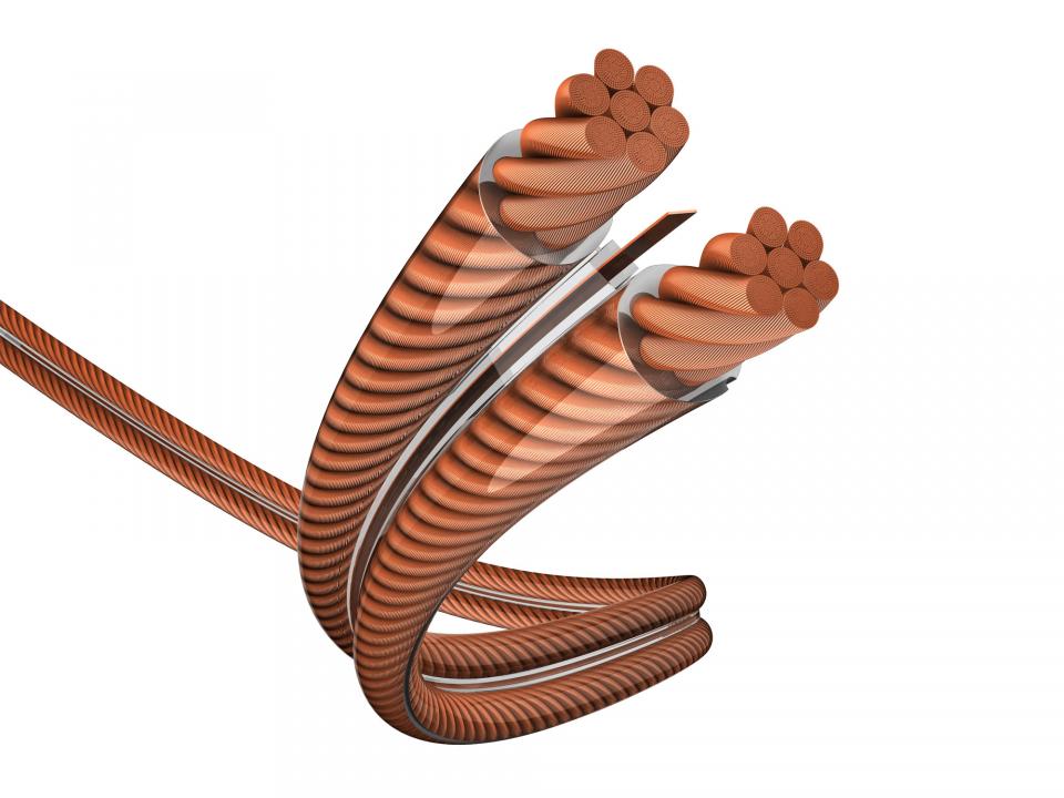 Inakustik 60246 Excellence Raw Speaker Cable - Msr (Clear Sheath) Cutaway view of flexible multi-strand copper electrical cable with orange insulation.