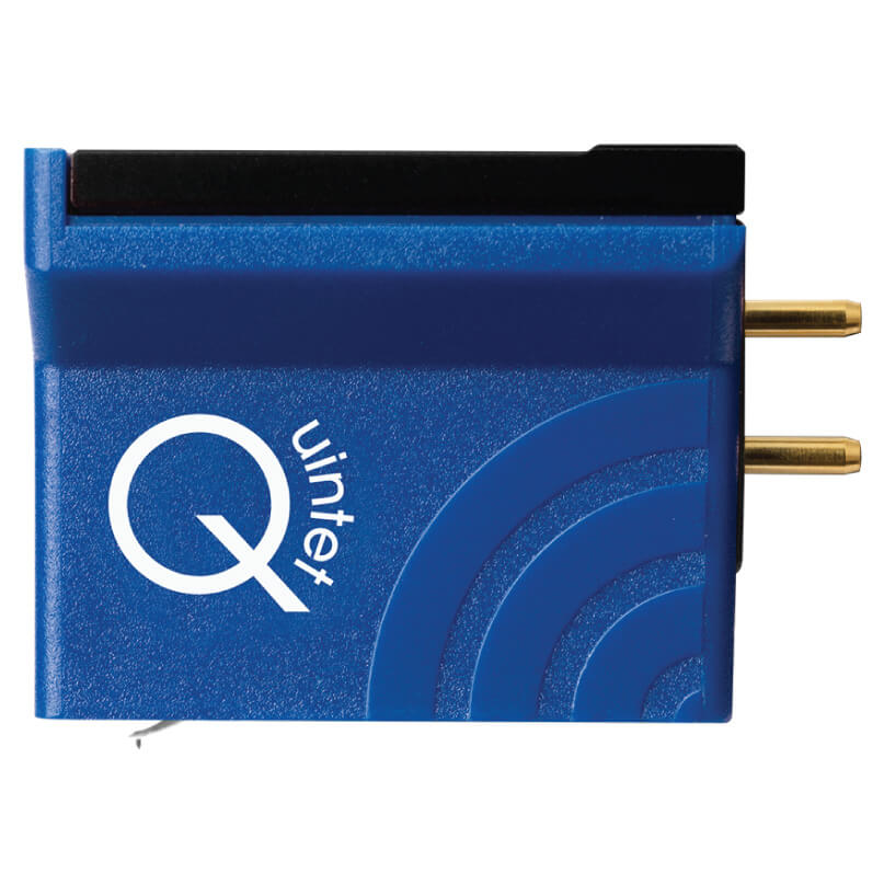 Ortofon Mc Quintet Blue Moving Coil Cartridge Quinet blue electronic module with two gold-plated side pins and white quinet logo with concentric arc design.