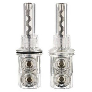 Two clear wine aerator pour spouts with spiral augers and O-ring seals
