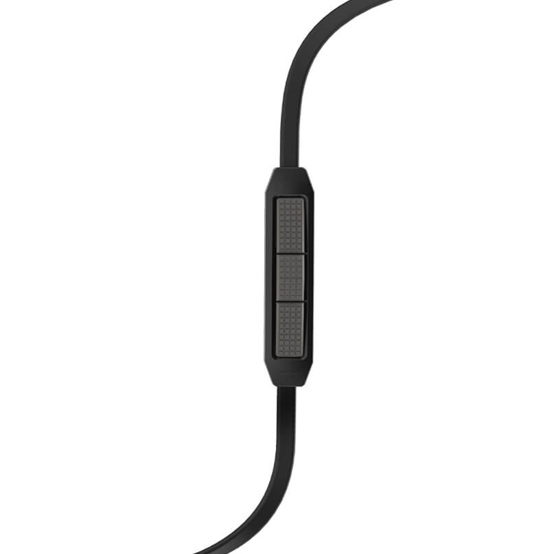 Jbl Synchros S100 In-Ear And Earbud Headphones Black audio cable with an inline rectangular remote featuring three textured buttons.