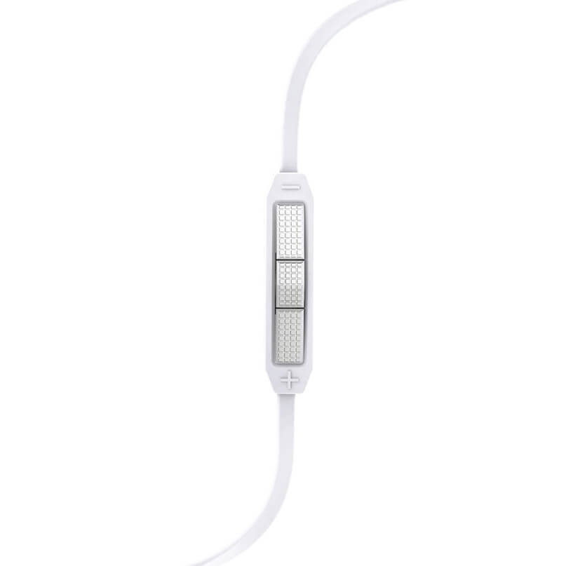 Jbl Synchros S100 In-Ear And Earbud Headphones White inline remote control with three textured rectangular buttons on a cord.