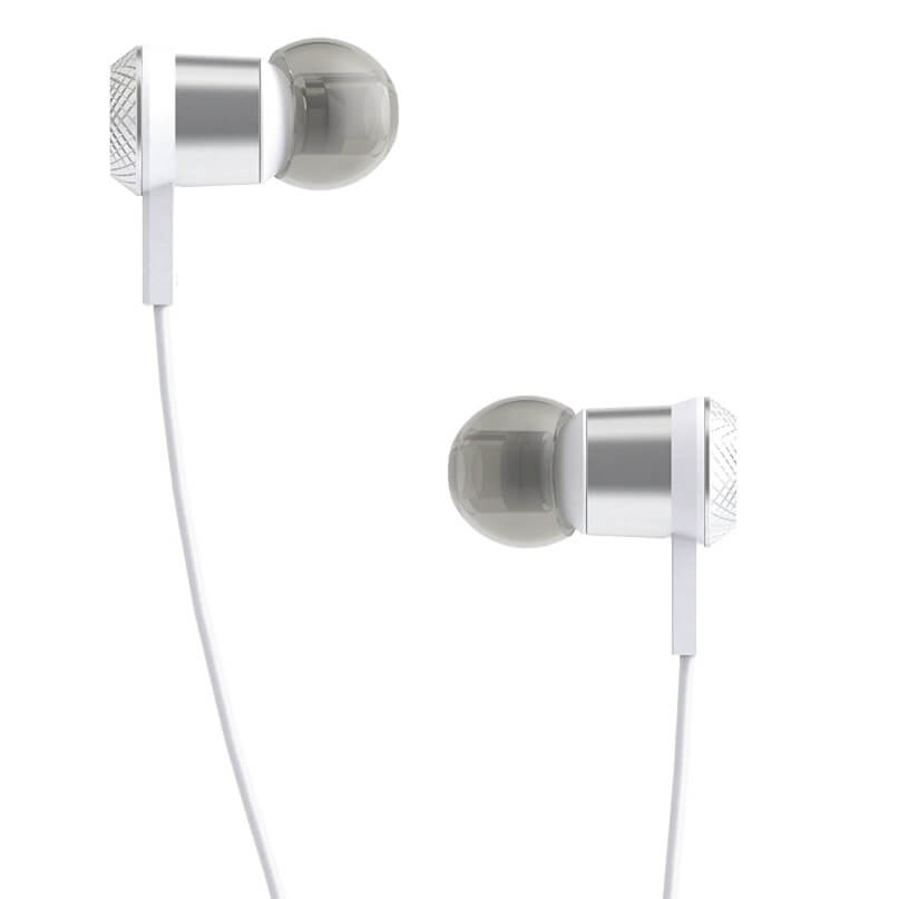 Jbl Synchros S100 In-Ear And Earbud Headphones White wired in-ear earbuds with silver metal housings and translucent silicone ear tips.